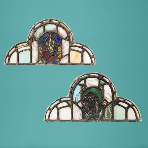 Pair Of Antique Ecclesiastical Arched Stained Glass Panels