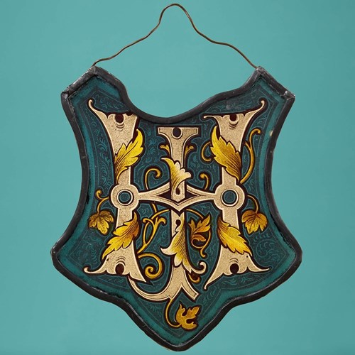 Antique Stained Glass Shield Panel Of Monogram