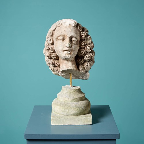 Antique Fragmentary Carved Stone Head On Stand