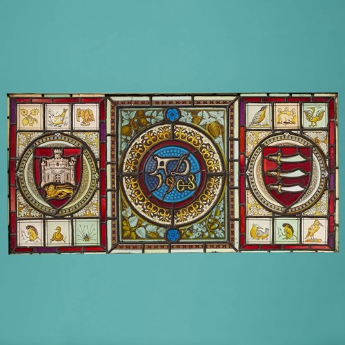 Antique Triptych Stained Glass Leadlight Panels
