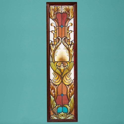 Large Antique Art Nouveau Stained Glass In Mahogany Frame