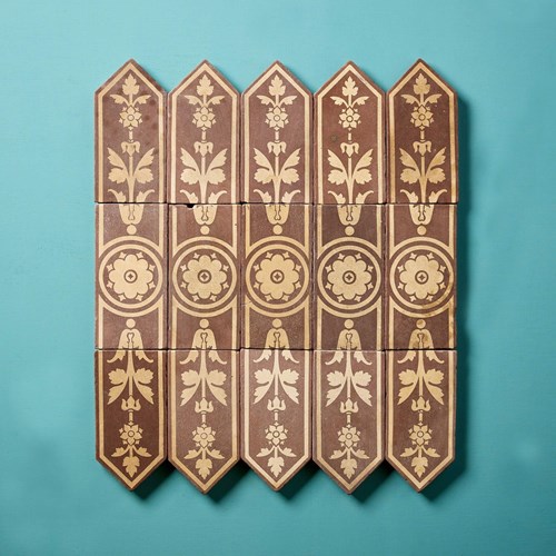 Set Of 15 Campbell Tile Co Floral Buff & Brown Encaustic Tiles