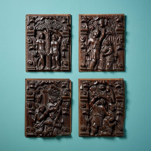 Set Of Four 17Th Century Carved Oak Panels Of Religious Scenes
