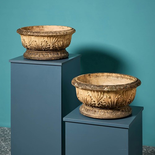 Pair Of Antique Neoclassical Style Shallow Buff Terracotta Planters