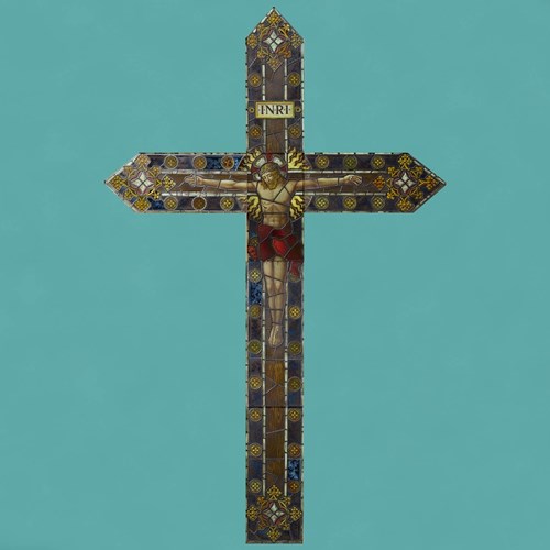 Monumental 19Th Century Stained Glass Crucifixion Window