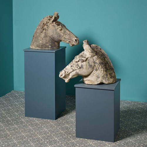 Pair Of Roman Style Weathered Stone Horse Heads