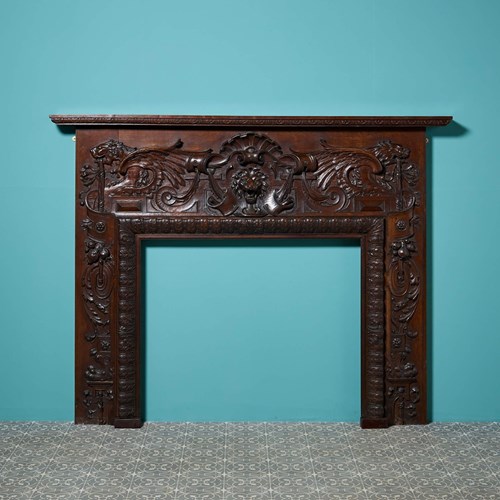 19Th Century Victorian Carved English Oak Fireplace