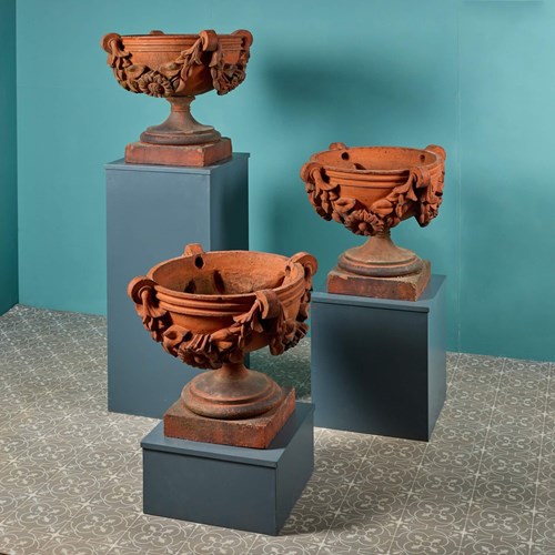 Set Of 3 Large Antique Red Terracotta Garden Urns