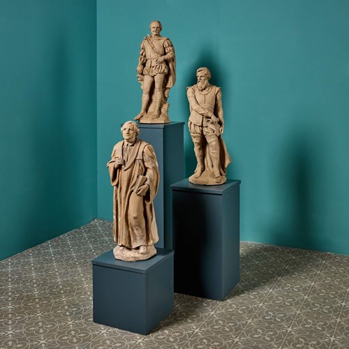 Set Of 3 Antique Buff Terracotta English Statues
