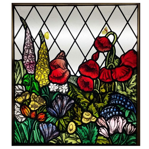 Antique Stained Glass Window With English Flowers