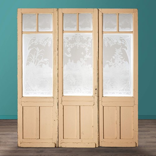 Set Of 3 Tall Antique Acid Etched Glazed Doors