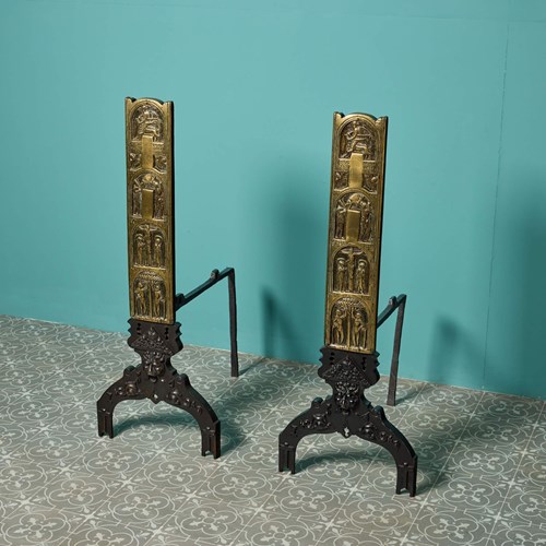 Pair Of Large Antique Religious Fire Dogs