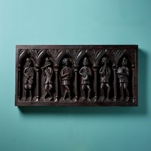 Antique Medieval Carved Pine Panel Of Musical Figures