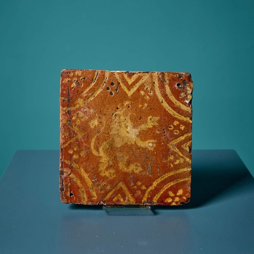 16Th Century Late Medieval Encaustic Tile With Rampant Lion