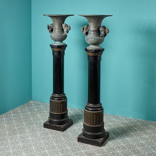 Pair Of Antique Chinese Bronze Urns On Columns
