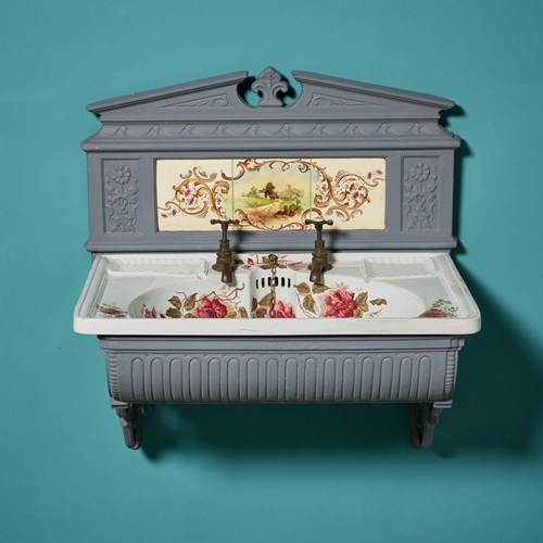 Victorian English Floral Transfer Print Sink With Tiled Wall Bracket