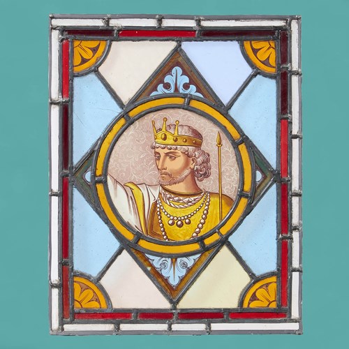 19Th Century Stained Glass Panel Of A King