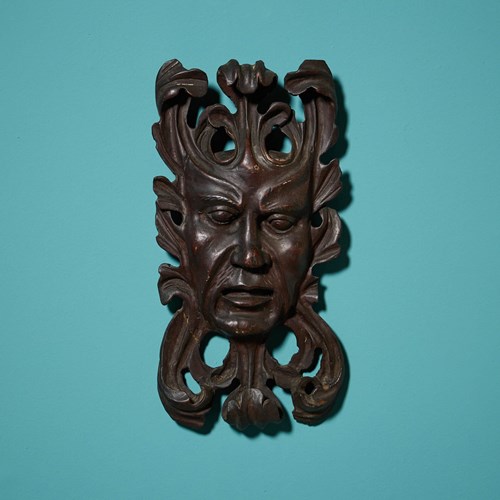 19Th Century Continental Mahogany Green Man Wood Carving