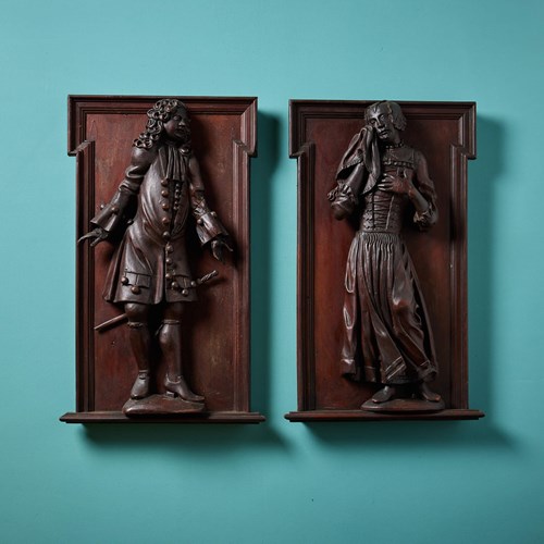 Pair Of 19Th Century Mahogany Relief Carvings Of 18Th Century Figures