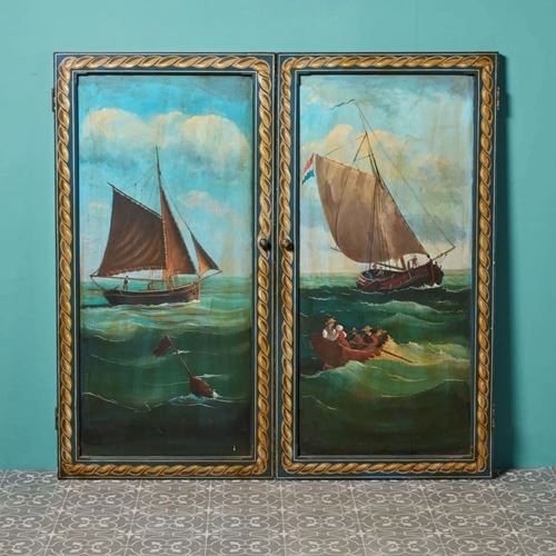 Set Of Hand Painted Cupboard Doors Depicting A Maritime Scene