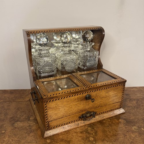 Exceptional Quality Antique Victorian Oak Marquetry Strung Tantalus 