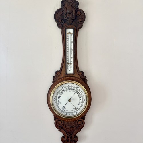 Quality Antique Edwardian Carved Oak Aneroid Barometer 