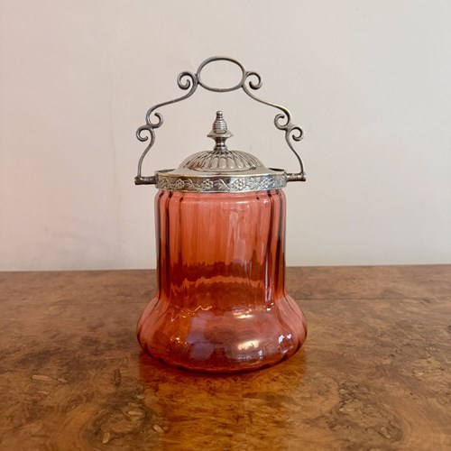 Stunning Quality Antique Edwardian Cranberry Glass Biscuit Barrel
