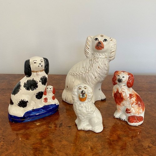 Collection Of Four Antique Quality Staffordshire Hand Painted Spaniels 