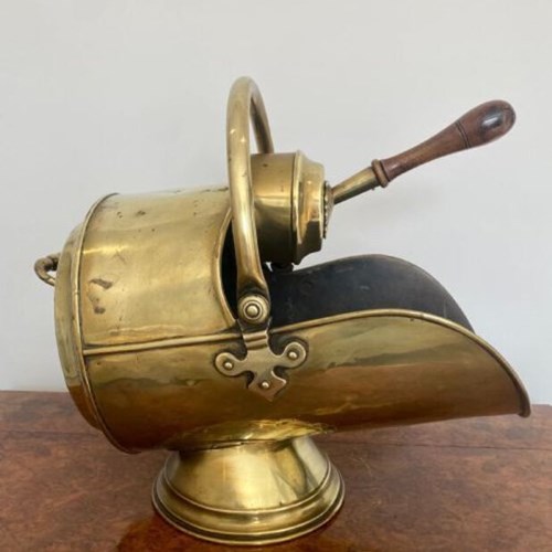 Quality Antique George III Brass Helmet Coal Scuttle With Original Shovel