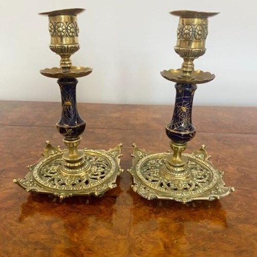 Unusual Pair Of Antique Victorian Quality Brass & Porcelain Candlesticks 