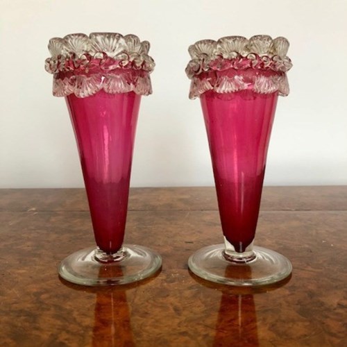 Pair Of Antique Victorian Quality Cranberry Vases