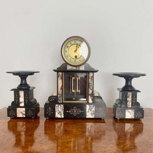 Quality Antique Victorian Black Marble Clock Garniture 