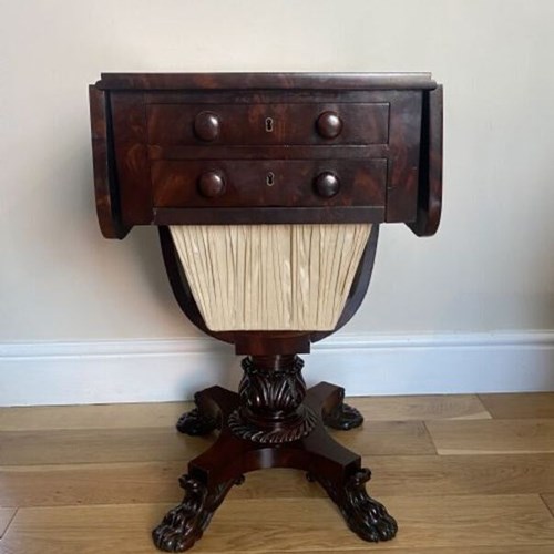 Antique Regency Quality Figured Mahogany Sewing Table 