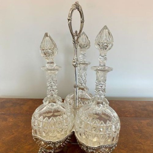 Antique Victorian Quality Cut Glass Decanters & Original Silver Plated Stand