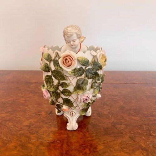 Antique Victorian Quality Continental Porcelain Cherub In A Vase
