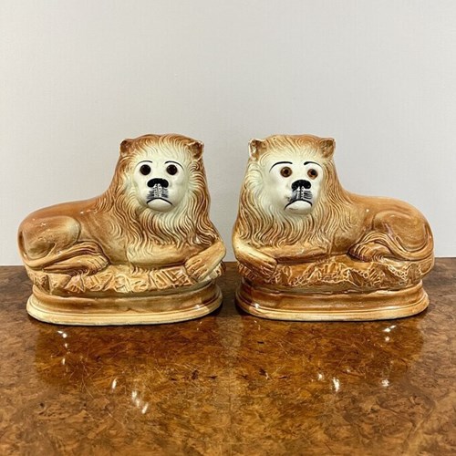 Pair Of Antique Victorian Staffordshire Lions 