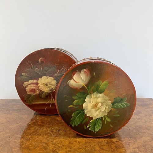 Unusual Antique Pair Of Hand Painted Circular Storage Boxes