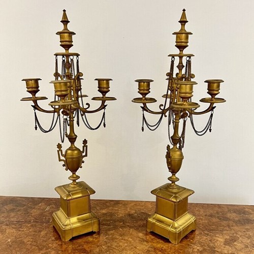 Large Pair Of Antique Victorian Quality Gilded Brass Candelabras 