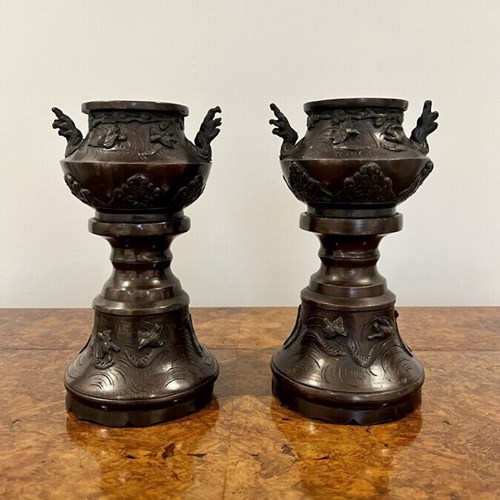 Quality Pair Of Antique Victorian Bronze Japanese Vases 