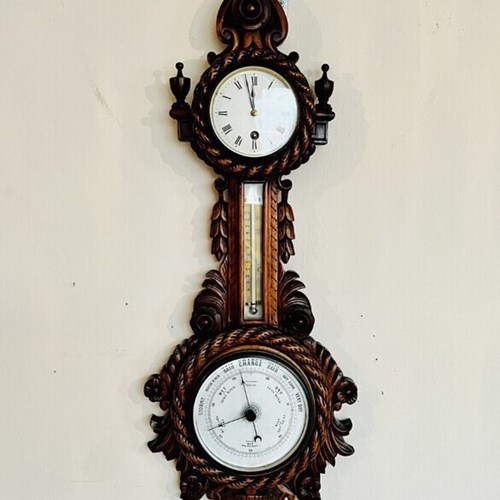 Quality Antique Victorian Carved Walnut Banjo Clock Barometer 