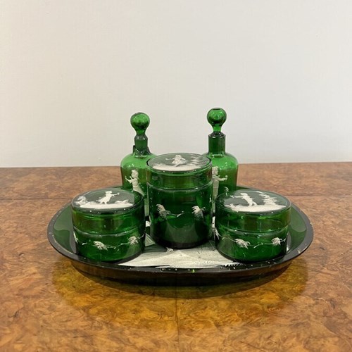 Rare Quality Antique Victorian Mary Gregory Green Dressing Table Set 