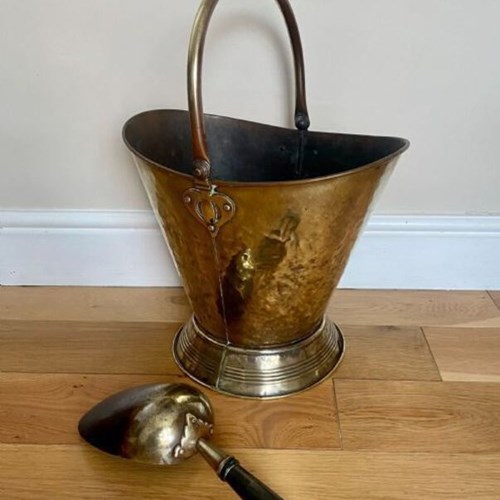 Antique Victorian Quality Brass Coal Scuttle With Original Shovel