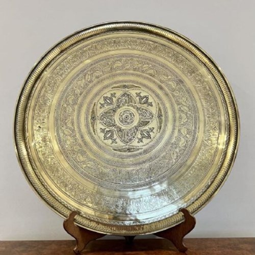 Large Antique Victorian Quality Engraved Circular Mixed Metal Tray