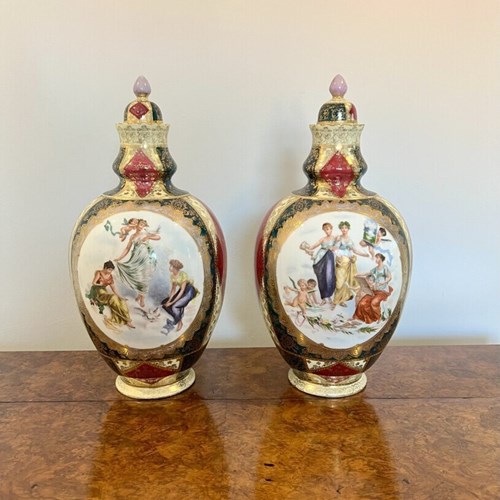 Wonderful Pair Of Antique Victorian Quality Porcelain Lidded Vases