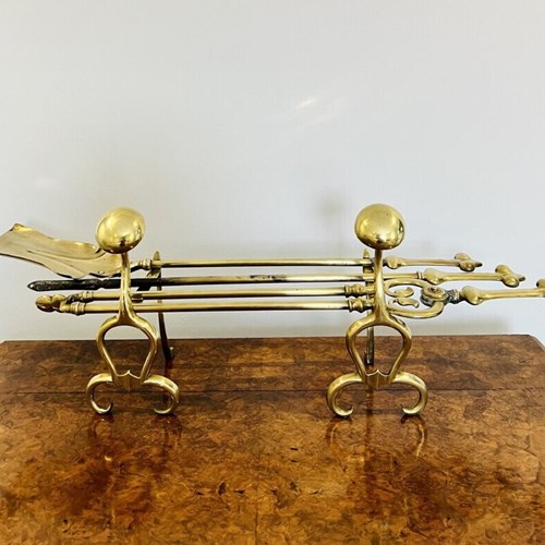 Quality Antique Victorian Brass Fire Irons And Fire Dogs