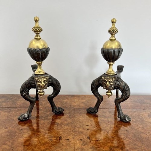 Pair Of Quality Antique Victorian Brass And Iron Fire Dogs 