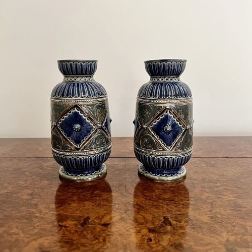 Attractive Pair Of Quality Antique Victorian Doulton Lambeth Vases