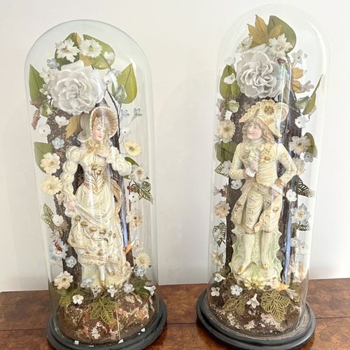 Quality Pair Of Victorian Continental Figures With The Original Glass Domes