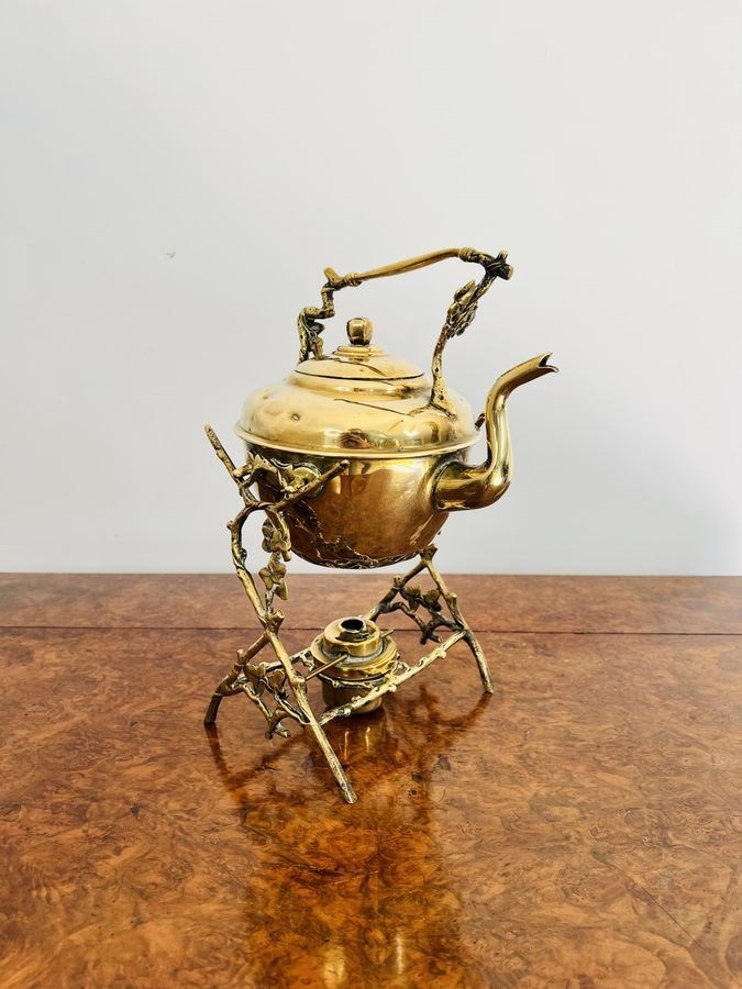 Antique Victorian Quality Brass Spirit Kettle And Stand
