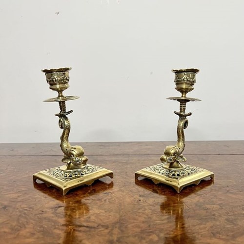 Pair Of Antique Edwardian Quality Unusual Brass Candlesticks 